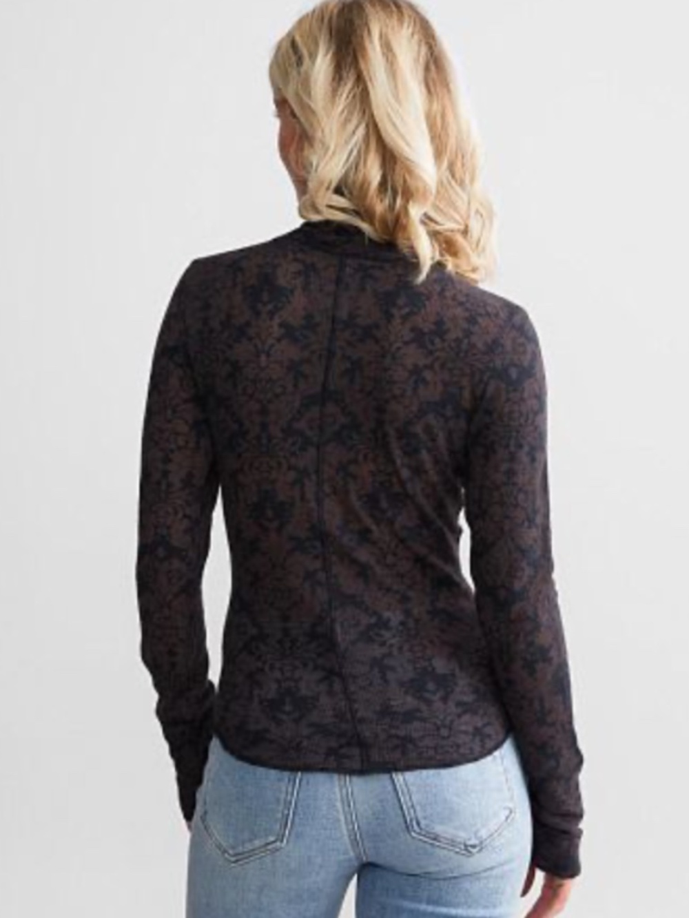 NWT Free People You & I Turtleneck Top Semi Sheer Long Sleeve Blouse Brown Black - Picture 3 of 7